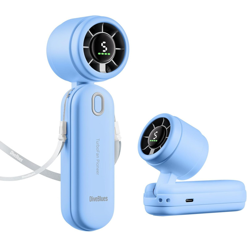 Divebleus 3 en 1 portable ventilateur à main, mini ventilateur turbo usb rechargeable 4000mah, 5 vitesses réglables, jusqu’à 12h