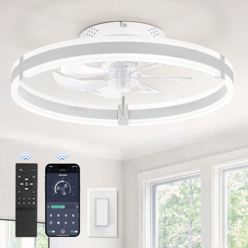 ZMISHIBO Ventilateur de plafond avec lumière et télécommande, profil bas moderne de 50 cm, lumière LED dimmable, 6 vitesses, sil
