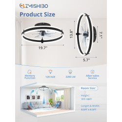 ZMISHIBO Ventilateur de plafond avec lumière et télécommande, profil bas moderne de 50 cm,lumière LED dimmable,6 vitesses,Ventil