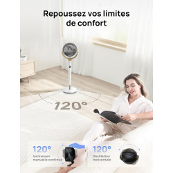 DREO Ventilateur de pièce, ventilateur oscillant 120°+120°, moteur DC, circulation d’air jusqu’à 30 m pour toute la pièce, 9 vit