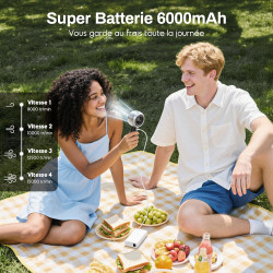 Ventilateur Brumisateur Portable à Main, Mini Ventilateur USB Puissant, Moteur Turbo, Batterie Rechargeable 6000mAh, 4 Vitesses,