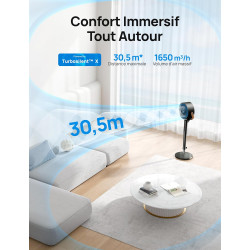 DREO Smart Ventilateur sur Pied 25dB Silencieux, Flux d'air 7.5 m/s, Portée de 30 m, Oscillation à 120° + 105°, avec Télécommand