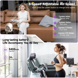 Ventilateur de bureau USB rechargeable avec affichage numérique, 5 vitesses ultra-silencieux, inclinable à 90°, suspendable pour