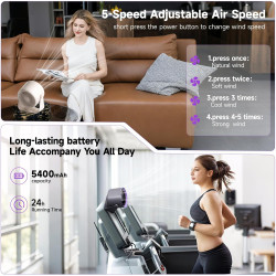Ventilateur de bureau USB rechargeable avec affichage numérique, 5 vitesses ultra-silencieux, inclinable à 90°, suspendable pour