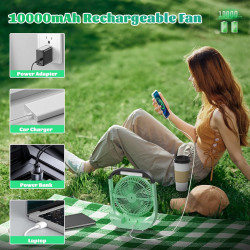 ATEngeus Ventilateur USB, 10000 mAh Rechargeable Batterie, 4 vitesses, Ventilateur de Camping 8", Pivotant à 180°, lumière LED, 