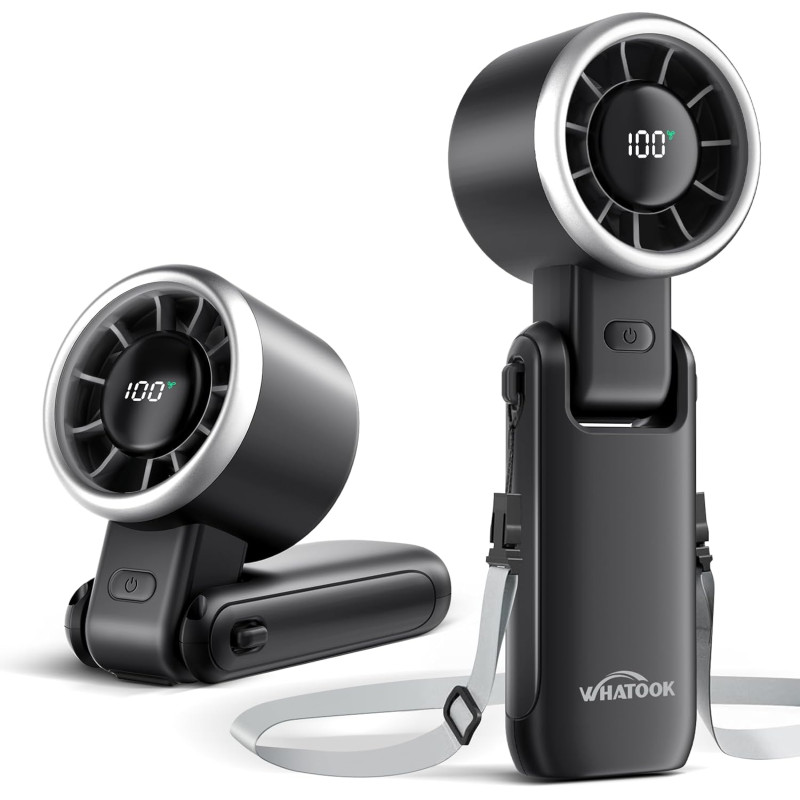 WHATOOK Mini Ventilateur USB Portable - 5 Vitesses, Réglable, Base Incluse pour Bureau, Extérieur, Poche, Voyage