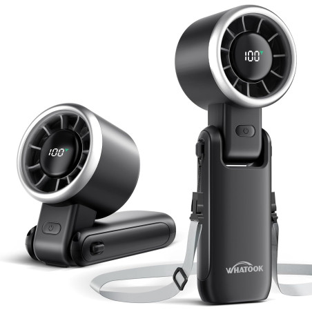 WHATOOK Mini Ventilateur USB Portable - 5 Vitesses, Réglable, Base Incluse pour Bureau, Extérieur, Poche, Voyage