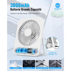 Ventilateur de Bureau Portable - 3000mAh Ventilateur à Main/Suspendu USB,5 Vitesses,Jusqu'à 8h,Angle Réglable à 180°,Faible Brui