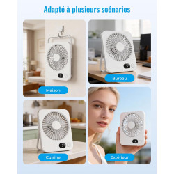 Ventilateur de Bureau Portable - 3000mAh Ventilateur à Main/Suspendu USB,5 Vitesses,Jusqu'à 8h,Angle Réglable à 180°,Faible Brui