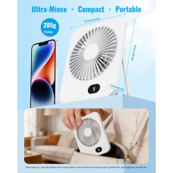 Ventilateur de Bureau Portable - 3000mAh Ventilateur à Main/Suspendu USB,5 Vitesses,Jusqu'à 8h,Angle Réglable à 180°,Faible Brui