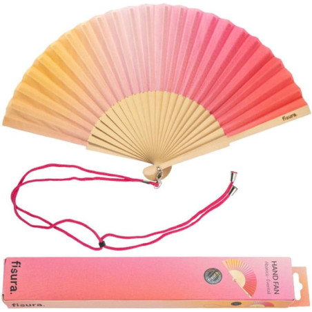 Fisura - Éventail original avec motif rouge dégradé. Éventail moderne et coloré en bois. Éventail pliant rouge et rose. Dimensio
