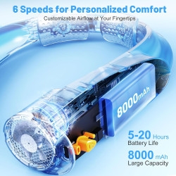 AI Ventilateur de cou portable avec 6 vitesses puissantes, ventilateur personnel ultra silencieux à piles 8000 mAh, ventilateur 