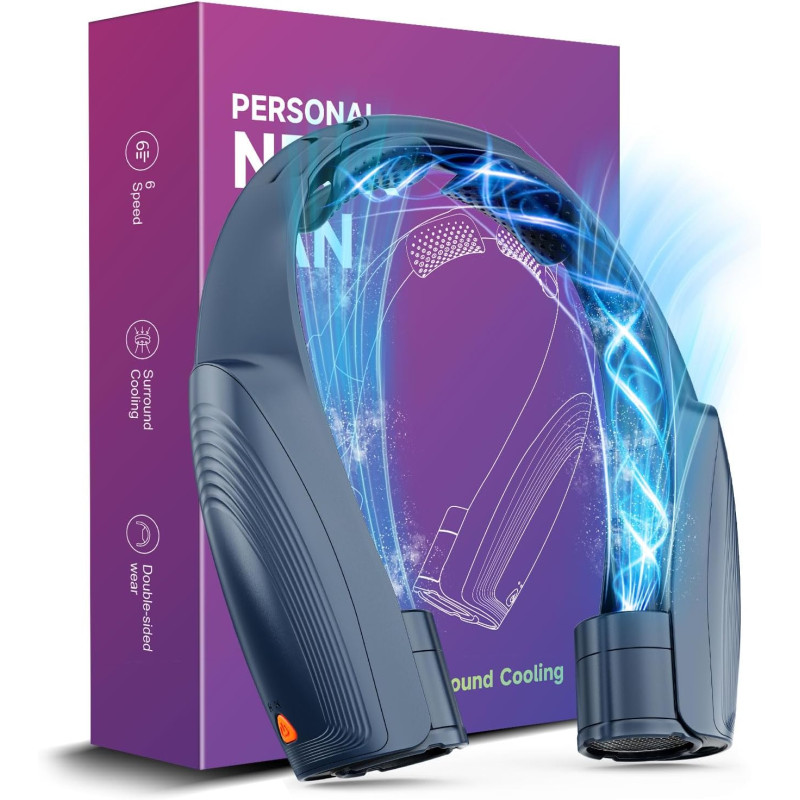 AI Ventilateur de cou portable avec 6 vitesses puissantes, rechargeable USB-C à 8000 mAh, mains libres, refroidissement 360°
