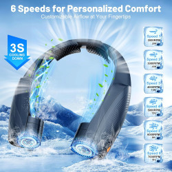AI Ventilateur de cou portable avec 6 vitesses puissantes, rechargeable USB-C à 8000 mAh, mains libres, refroidissement 360°