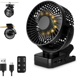 Ventilateur portable rechargeable 12 000 mAh avec pince, télécommande, 44 h, silencieux, 3 vitesses, lumière LED, 360°, minuteur