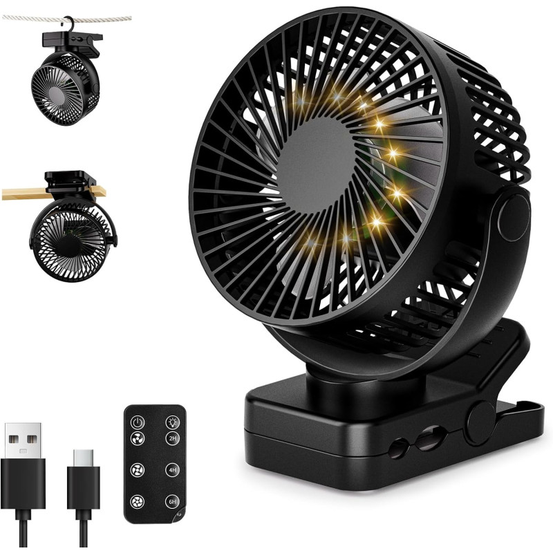 Ventilateur portable rechargeable 12 000 mAh avec pince, télécommande, 44 h, silencieux, 3 vitesses, lumière LED, 360°, minuteur