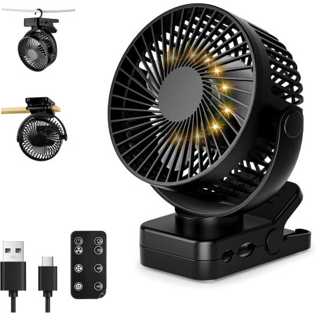 Ventilateur portable rechargeable 12 000 mAh avec pince, télécommande, 44 h, silencieux, 3 vitesses, lumière LED, 360°, minuteur