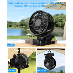 Ventilateur portable rechargeable 12 000 mAh avec pince, télécommande, 44 h, silencieux, 3 vitesses, lumière LED, 360°, minuteur