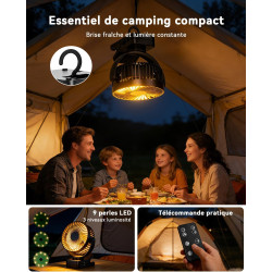Ventilateur portable rechargeable 12 000 mAh avec pince, télécommande, 44 h, silencieux, 3 vitesses, lumière LED, 360°, minuteur