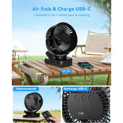 Ventilateur portable rechargeable 12 000 mAh avec pince, télécommande, 44 h, silencieux, 3 vitesses, lumière LED, 360°, minuteur