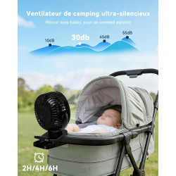 Ventilateur portable rechargeable 12 000 mAh avec pince, télécommande, 44 h, silencieux, 3 vitesses, lumière LED, 360°, minuteur