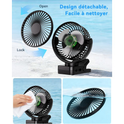 Ventilateur portable rechargeable 12 000 mAh avec pince, télécommande, 44 h, silencieux, 3 vitesses, lumière LED, 360°, minuteur
