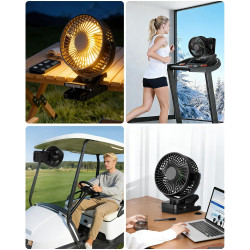 Ventilateur portable rechargeable 12 000 mAh avec pince, télécommande, 44 h, silencieux, 3 vitesses, lumière LED, 360°, minuteur