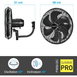 Fanelite Ventilateur mural professionnel FW50-DC – 50 cm – Moteur DC silencieux – Débit d’air 230 m³/min – 6 vitesses – Télécomm