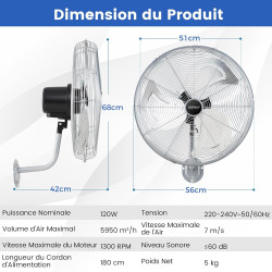 COSTWAY Ventilateur Mural Industriel 51 cm 120W 3 Vitesses, ventilateur Domestique Pales en Aluminium Tête d'Inclinaison Réglabl