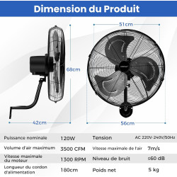 COSTWAY Ventilateur Mural Industriel 51 cm 120W 3 Vitesses, ventilateur Domestique Pales en Aluminium Tête d'Inclinaison Réglabl