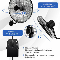 COSTWAY Ventilateur Mural Industriel 51 cm 120W 3 Vitesses, ventilateur Domestique Pales en Aluminium Tête d'Inclinaison Réglabl