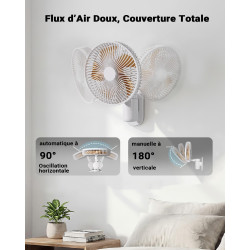Ventilateur Mural 26 cm avec Éclairage et Télécommande, Silencieux 30 dB, Flux d’Air Puissant 5,2 m/s, Minuterie, Oscillation 90