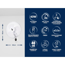 BEPER P206VEN600 Wall Fan - Ventilateur mural avec télécommande et minuterie jusqu'à 7,5 heures, Blanc
