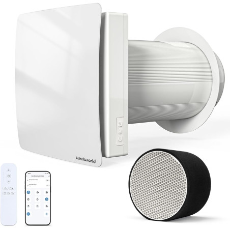 VMC Décentralisée 150 mm avec Récupération de Chaleur Céramique, VMC Double Flux Murale pour Pièce Individuelle, WiFi & Télécomm