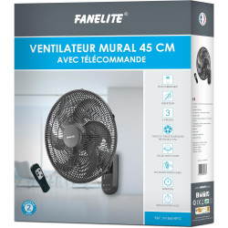 Fanelite - Ventilateur mural W1860-R PG - Diamètre 45 cm - 3 vitesses - Avec télécommande - Minuterie - Grille et hélice plastiq