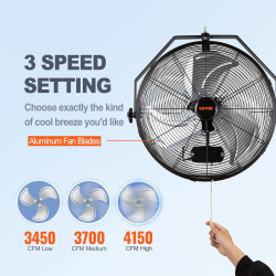 VEVOR Ventilateur mural industriel, 44,6 cm, ventilateur mural oscillant étanche, 3 vitesses, 4150 CFM, ventilateur commercial r