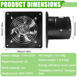 Aicharynic Ventilateur d'extraction d'air 150 mm 525 m³/h avec clapet de retour - Silencieux - En métal - 38 W - Prise européenn