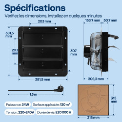 VIVOHOME 300 mm Ventilateur d'Extraction à Volets Extracteur d'Air Industriel Mural avec Moteur EC 1305 m³/h avec Minuterie Vite