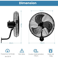 RELAX4LIFE Ventilateur Mural Industriel Dia.55CM à 3 Vitesses, Ventilateur Mural Oscillant 120W, Rotation Horizontale Verticale,