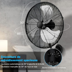RELAX4LIFE Ventilateur Mural Industriel Dia.55CM à 3 Vitesses, Ventilateur Mural Oscillant 120W, Rotation Horizontale Verticale,