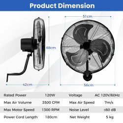 SOARS Ventilateur Mural φ56 CM 120W, Vitesses, Angle Vertical 30° & Angle Horizontal Automatique 85°, Ventilateur Industriel pou