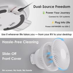 ZOIZ Ventilateur mural pour RV/voiture/yacht : rotation de la tête à 180°, inclinaison à 90° et oscillation automatique à 100° -