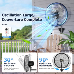 Ventilateur Mural Extérieur 60 cm avec Télécommande, Ventilateur Oscillant 4 Vitesses, Moteur DC Sans Balais Étanche, Ventilateu