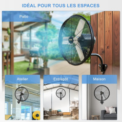 Ventilateur Mural Extérieur 60 cm avec Télécommande, Ventilateur Oscillant 4 Vitesses, Moteur DC Sans Balais Étanche, Ventilateu