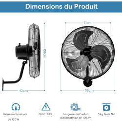 GOPLUS Ventilateur Mural Industriel Ø56CM, 3 Vitesses, 3 Pales Aluminium, 3270CFM, Ventilateur avec Inclinaison 30° & Oscillatio
