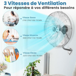 GOPLUS Ventilateur Mural φ56cm avec 3 Pales Aluminium, Ventilateur 3 Vitesses, Inclinaison 30° & Oscillation 85°, Grille Sécurit
