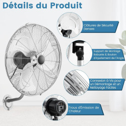 GOPLUS Ventilateur Mural φ56cm avec 3 Pales Aluminium, Ventilateur 3 Vitesses, Inclinaison 30° & Oscillation 85°, Grille Sécurit