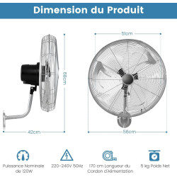 GOPLUS Ventilateur Mural φ56cm avec 3 Pales Aluminium, Ventilateur 3 Vitesses, Inclinaison 30° & Oscillation 85°, Grille Sécurit