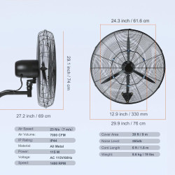 VEVOR Ventilateur brumisateur mural, 61,6 cm, ventilateur industriel oscillant étanche, 3 vitesses, 7000 CFM, ventilateur commer