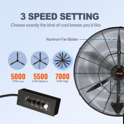 VEVOR Ventilateur brumisateur mural, 61,6 cm, ventilateur industriel oscillant étanche, 3 vitesses, 7000 CFM, ventilateur commer